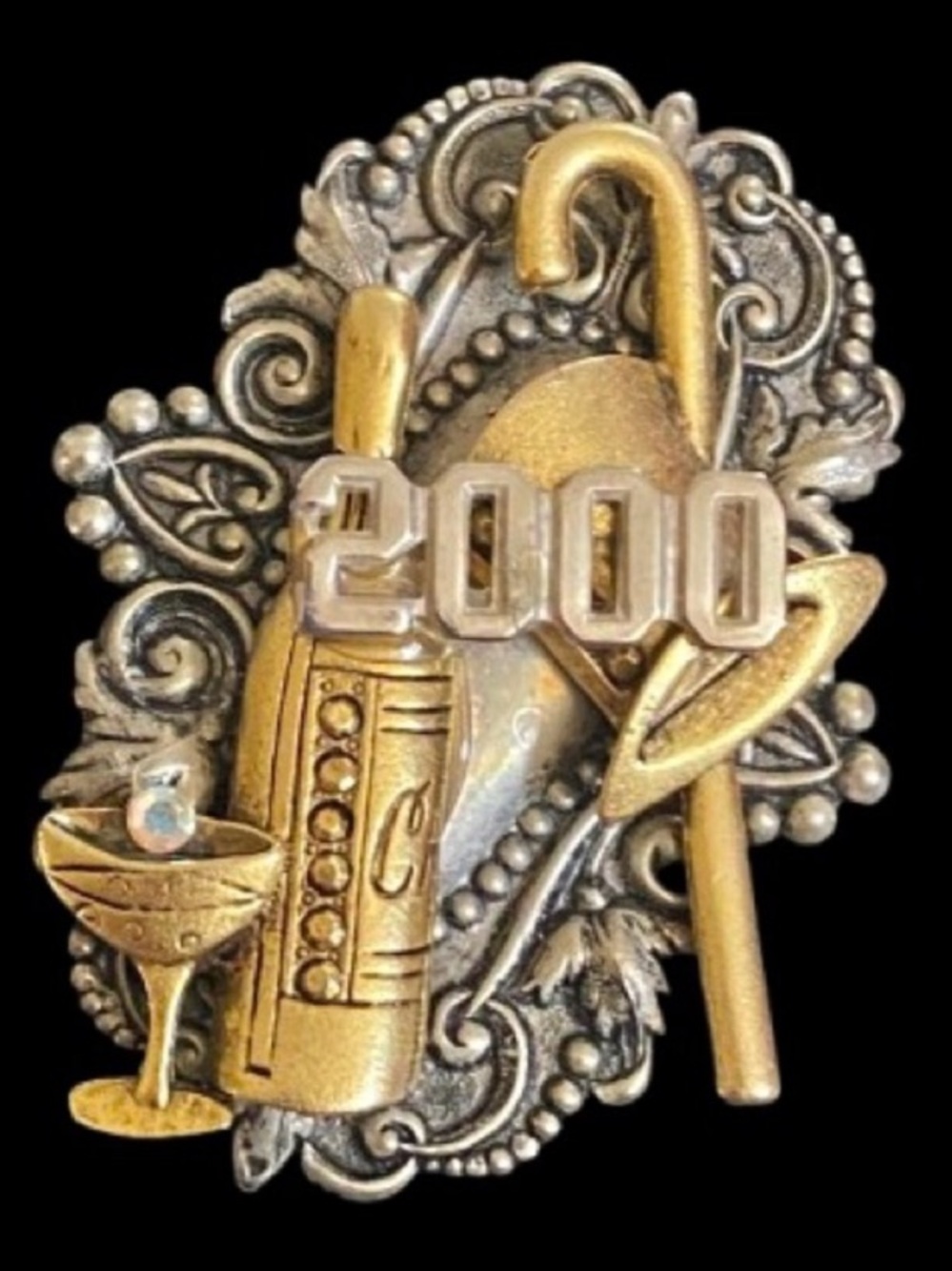 Vintage Year 2000 (Millennium) Celebration Brooch Gold Silver Champagne Bottle